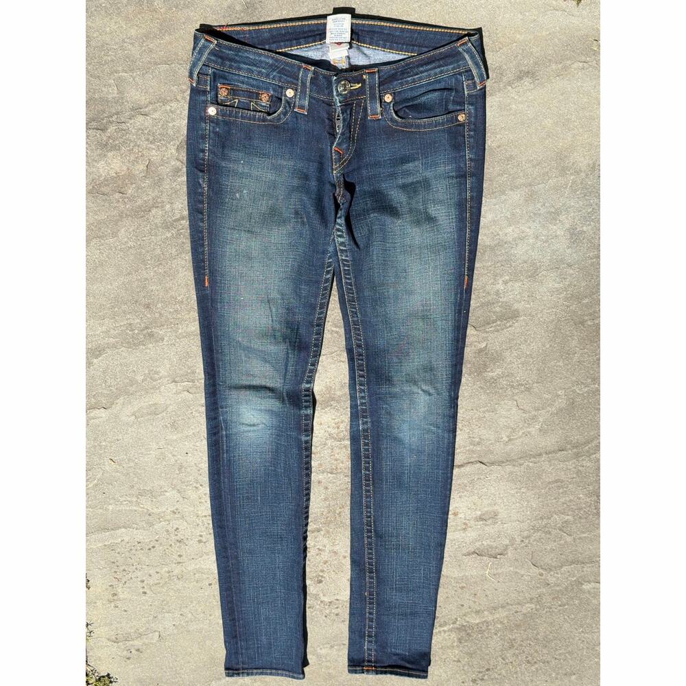 True Religion Skinny Low Rise Blue Jeans Size 28 Medium Wash Signature Stitch